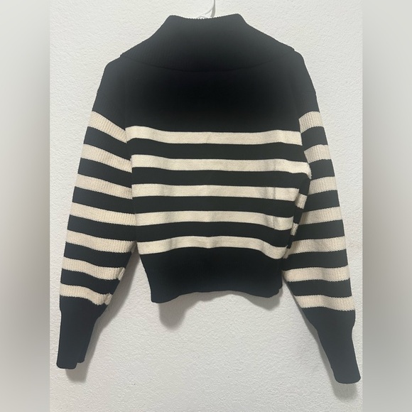 Zara Black and Beige Striped High Neck Quarter Zip Chunky Rib Knit Sweater XL - Picture 6 of 10
